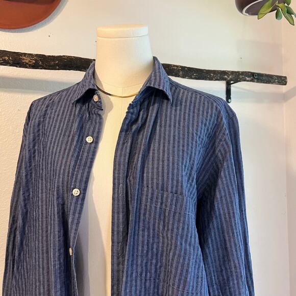 Ordean Blue Vertical Striped Long Sleeve Button Down Linen Shirt Italy Size XL - Picture 13 of 14